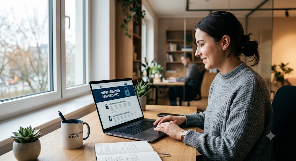 Frau arbeitet am Laptop an der Impressum- und Datenschutzseite