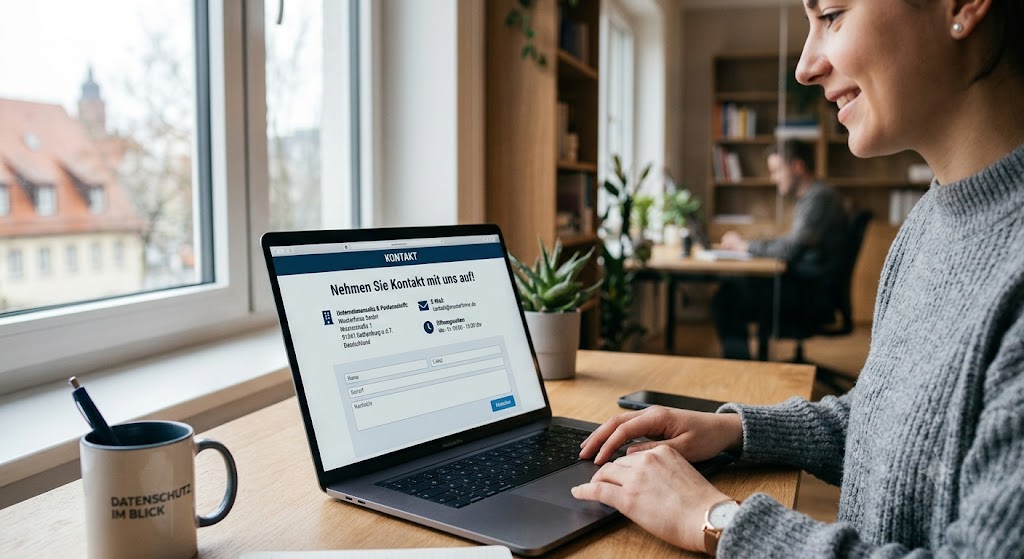 Frau nimmt am Laptop Kontakt über das Kontaktformular auf