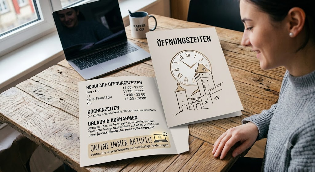 Aufgeschlagene Karte mit den Öffnungszeiten